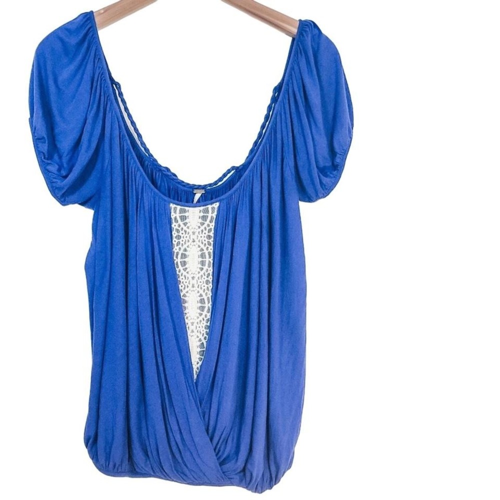 Free People Off Shoulder Blue Blouse with White Lace Size M